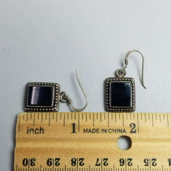 Vintage Sterling Silver Black Onyx Square Dangle Earrings, 925 Estate - Picture 5 of 8